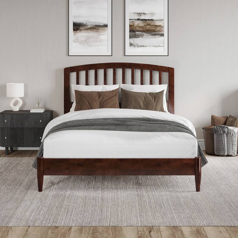 Solid Wood Low Profile Platform Bed - Traditional Design, Walnut Finish - Full Size Bed Frame