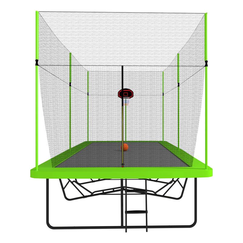 10ft by 17ft Rectangule Trampoline with Green Fabric Black Powder-coated Galvanized Steel Tubes with Basketball Hoop System Adva