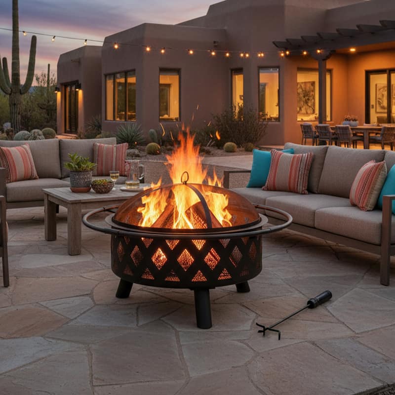 Sunnydaze Crossweave Wood-Burning Fire Pit with Spark Screen and Poker