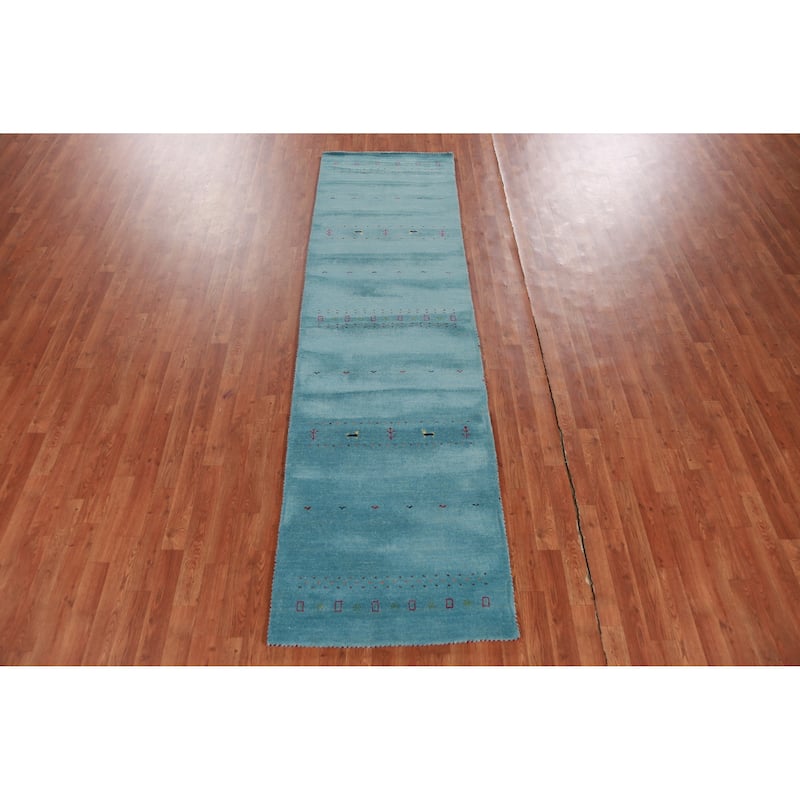 Hand Knotted Oriental 100% Wool Carpet Tribal Animal Pictorial Navy Blue & Blues Gabbeh Runner Rug - 9' 9'' X 2' 9''