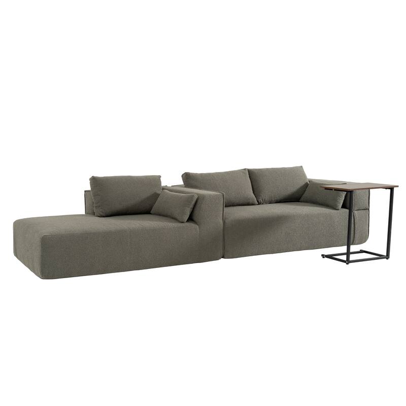 L Shaped Boucle Fabric Sectional Sofa w/ Chaise Lounge, Side Table, Pillows