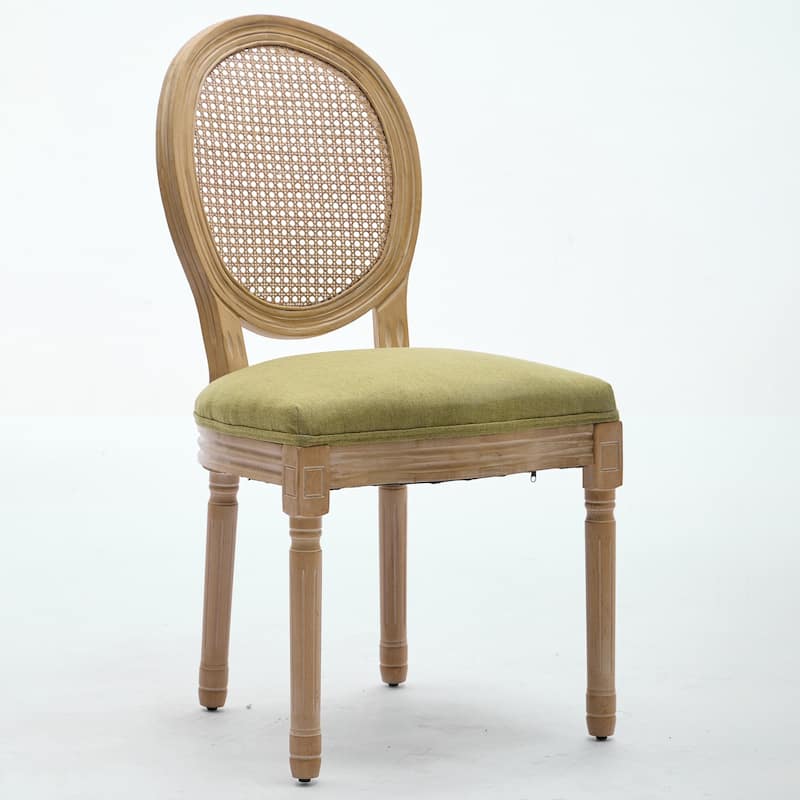 French Style Antique Painting Linen Fabric Rattan Back Dining Chair,Set of 2