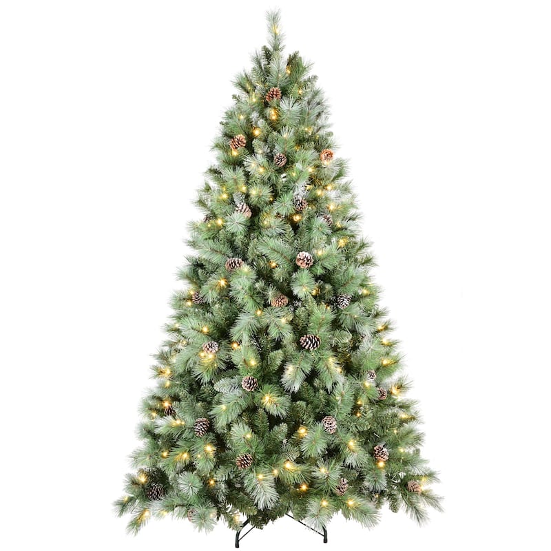 8FT Christmas Tree with 550 Warm White LED Lights-1858 PVC & Hard Needle Tips,102 Pine Cones,Hinged Branch Design