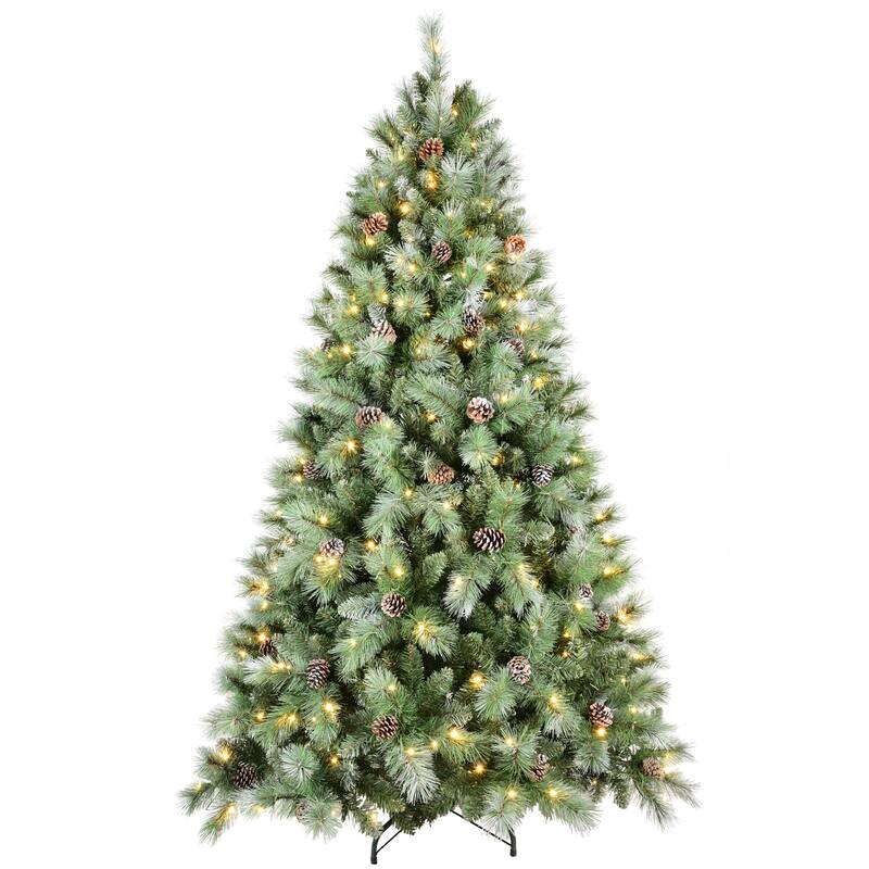 Pre-Lit Artificial Christmas Tree - Warm White LED Lights, PVC & Hard Needle Tips, Pine Cones, Metal Stand - Green