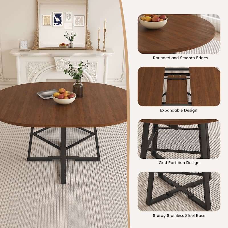 47 Inch Extendable Round Dining Table for 4-8 with Storage, Walnut Finish Circle Dining Table with Metal Frame