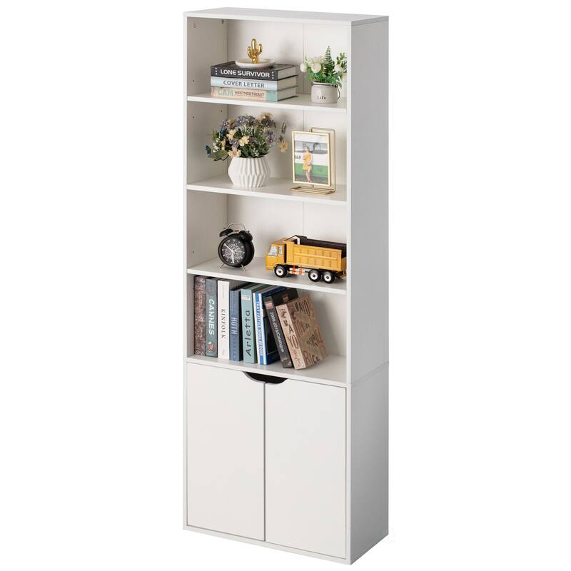 71" White 4 Tier Open Book Shelf with 2 Doors and 1 Adjustable Shelf - Ideal for Home Office, Living Room, Classroom, Study Room