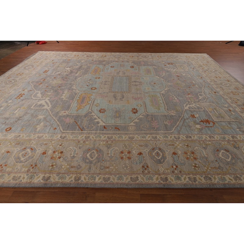 Geometric Gray Oushak Turkish Large Area Rug Hand-Knotted Wool Carpet - 12'1"x 14'6"