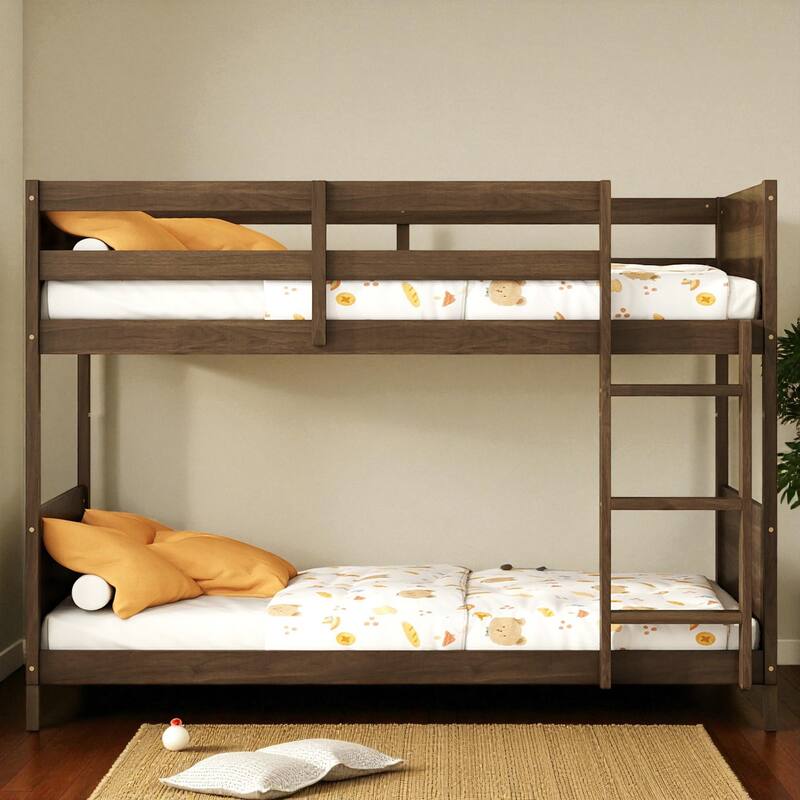 Twin Over Twin Floor Bunk Bed with Ladder and Guardrails, Solid Rubber Wood Frame with Panel Headboard and Footboard