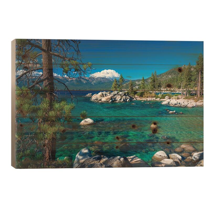 Boulders and cove at Sand Harbor State Park, Lake Tahoe, Nevada, USA Print On Wood by Russ Bishop - Multi-Color - 18x26x1.5
