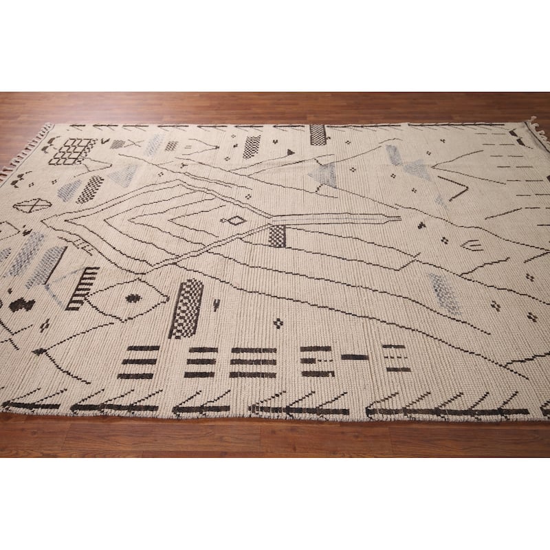 Ivory Moroccan Area Rug Handmade Abstract Wool Carpet - 6'11"x 10'4"