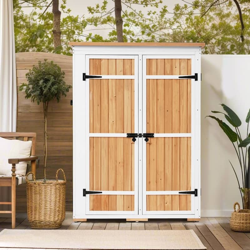 Outdoor 5.5ft Hx4.1ft L Wood Storage Shed, Garden Tool Cabinet with Waterproof Asphalt Roof, Four Lockable Doors