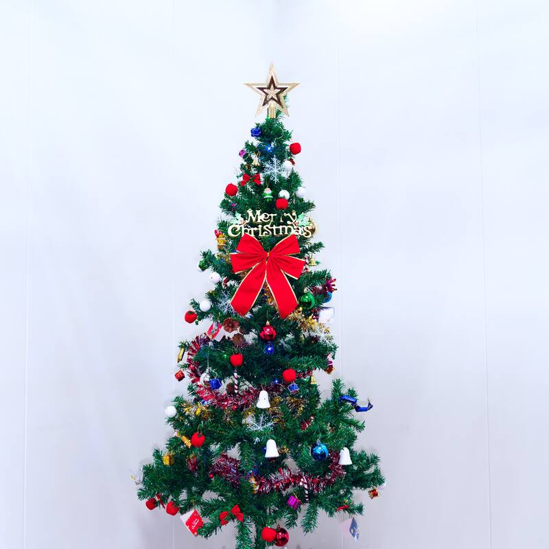 Anmytek 6ft Pre-Lit Artificial Christmas Tree - LED Energy-Saving Lights with 195 Pendants Tree Skirt Guardrails