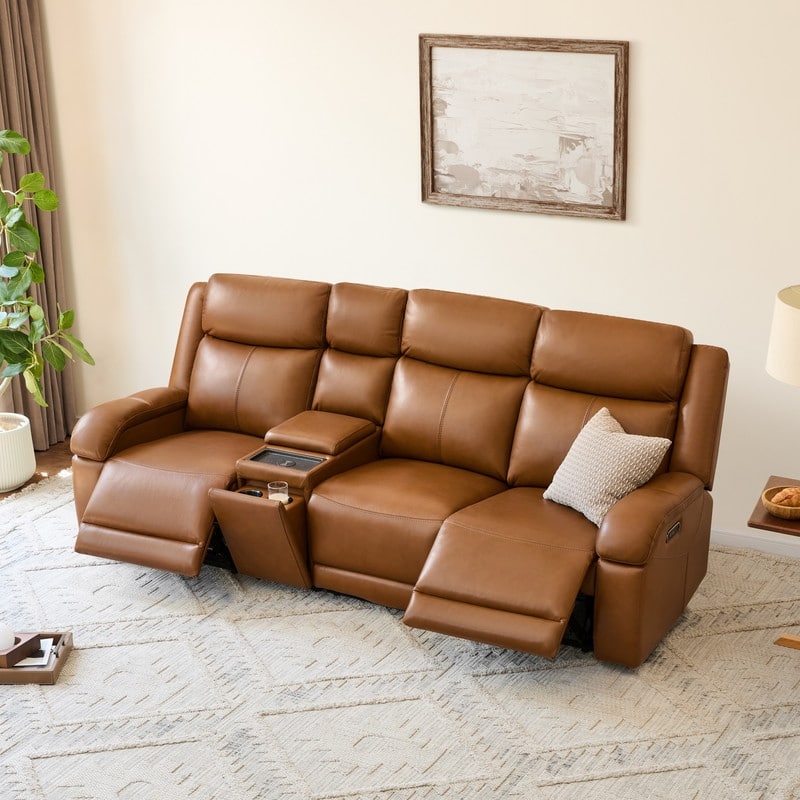 Spruce & Spring Hadlee Genuine leather Reclining Sofa with Multi-Function Console.