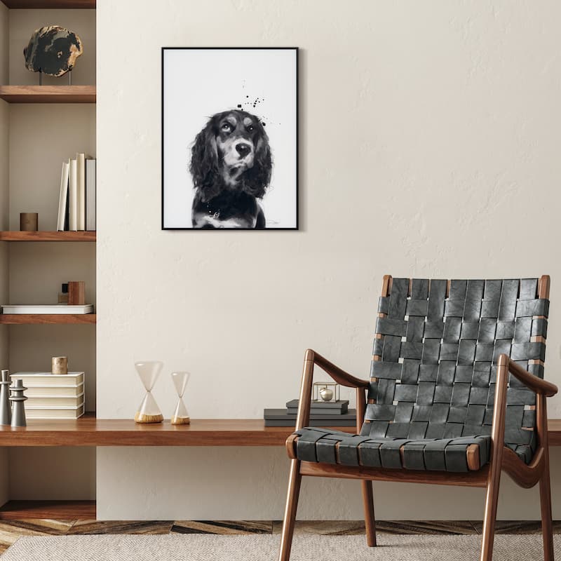 "Cocker Spaniel" Black and White Pet Portraits on Reverse Printed Art Glass, Minimally Encased on Black Anodized Aluminum Frame