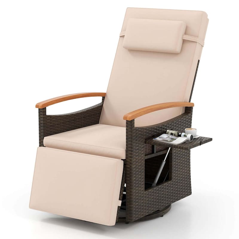Reclining Patio Chairs Outdoor Swivel Recliner Chair w/ Armrests - Beige