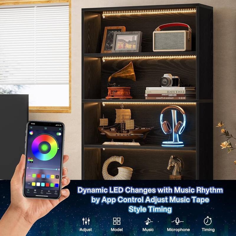 70.8" Tall Bookcase 5-tier Black Bookshelf with LED Lights for Home