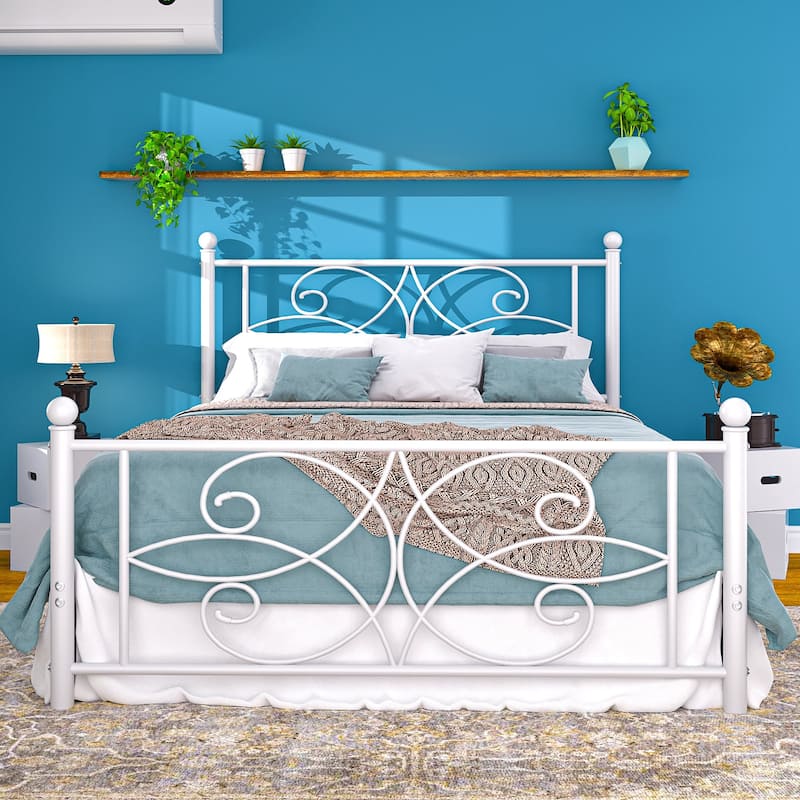 VECELO Metal Bed Frame with High Headboard and Footboard, Platform Beds with Heavy Duty Mattress Foundation - White - Queen