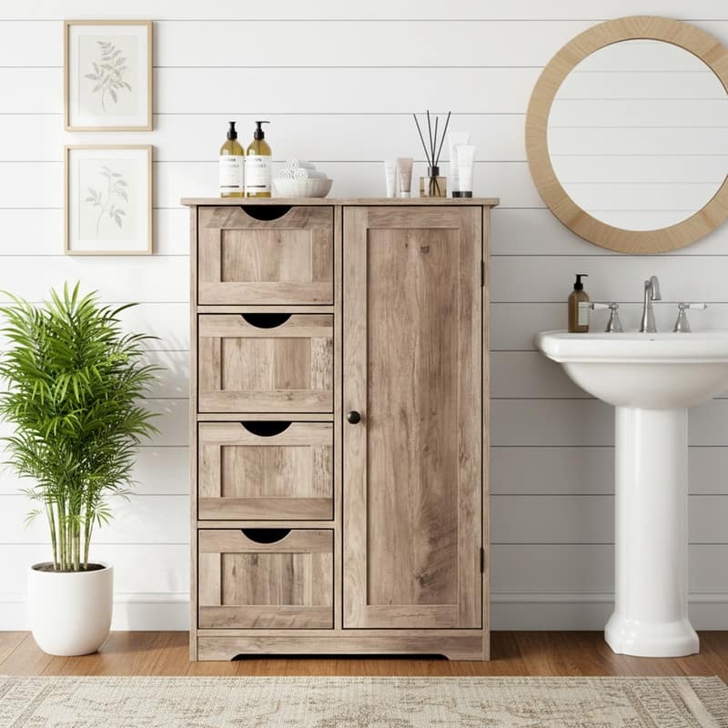 Black Bathroom Storage Cabinet with 4 Drawers and 1 Door - Washed Gray