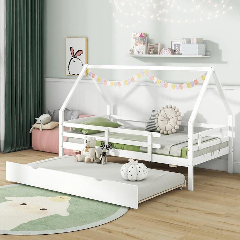 Gymax Twin Size House Bed w/ Trundle Wooden Kids Bed w/ Safety Rails & - White