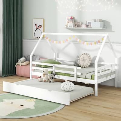 Gymax Twin Size House Bed w/ Trundle Wooden Kids Bed w/ Safety Rails &