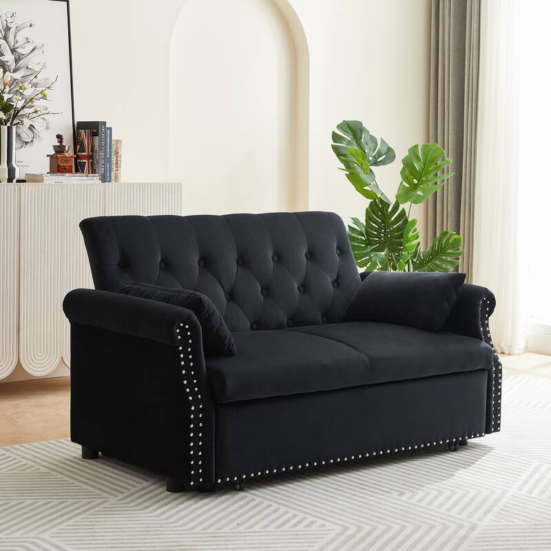 55" Velvet Convertible Pull-Out Loveseat Sleeper Sofa with 2 Pillows