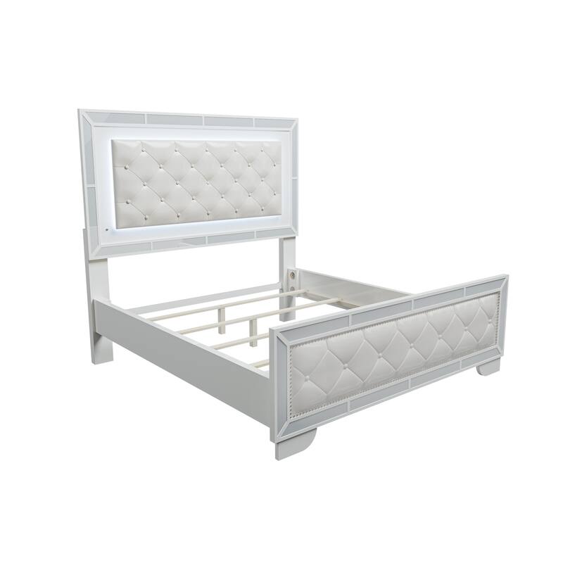 Transitional Style 1pc Bed Set Button Tufted Headboard And Footboard LED Lights Cr eam Finish Bedroom Furniture