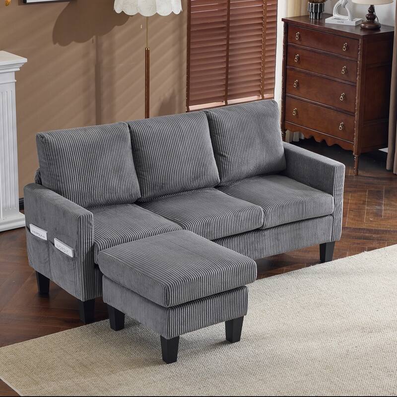 68.5'' W 3-Seat Square Arm Corduroy Couch with Storage Ottoman - Grey