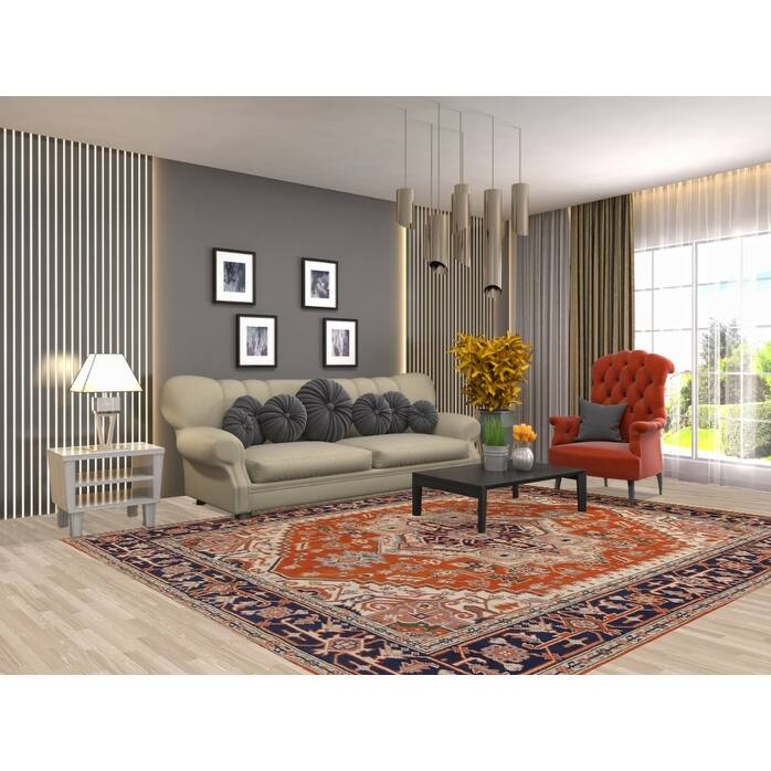 Medallion Heriz Serapi Indian Area Rug Handmade Orange Wool Carpet - 7'10" x 9'9"