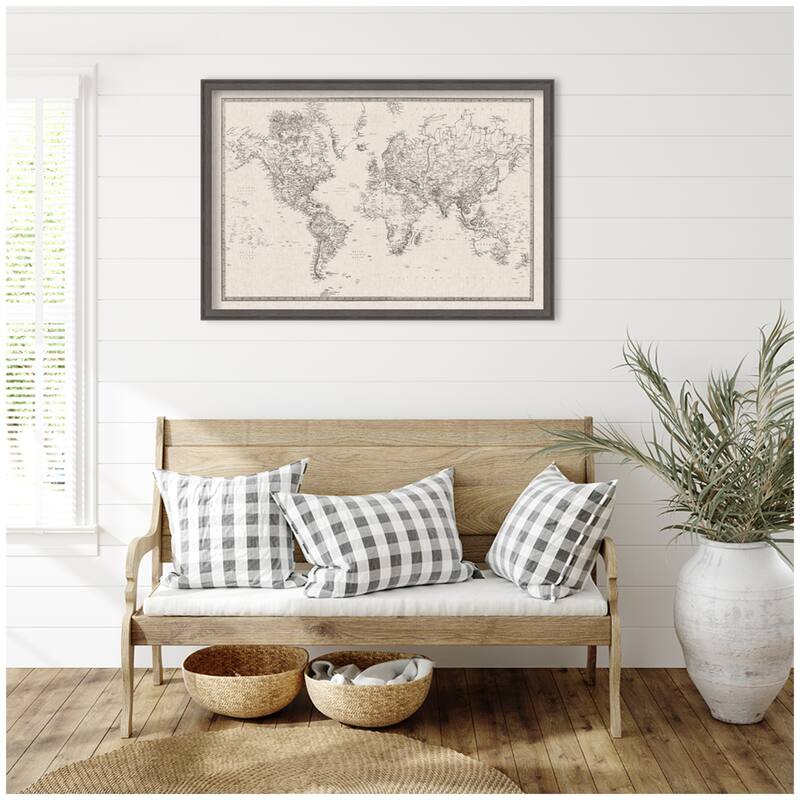 Kate and Laurel Framed Fabric Pinboard Vintage Black and White Linen World Map Wall Organization