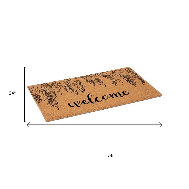 HomeRoots 24" X 36" Brown And Natural Floral Welcome Outdoor Coir Door Mat - 24.00' X '36.00