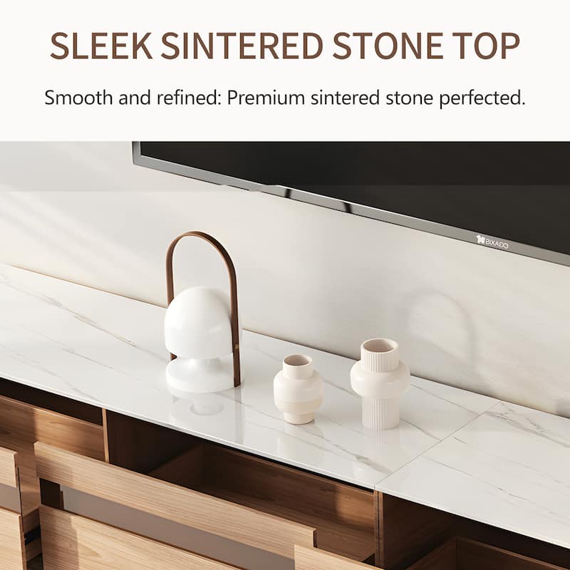 Modern Light Wood TV Stands, Glossy Stone Table-top, 3-6Drawers, Fully Assembled