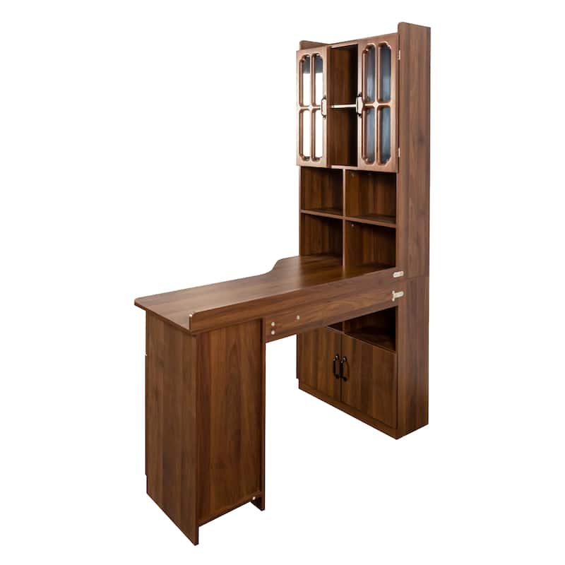 Corner L-Shaped Computer Desk with Hutch and Bookshelf, Modern Wood Storage Table with Drawers for Home Office