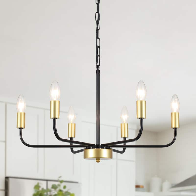 6-Light Rustic Industrial Modern Ceiling Pendant Light, Adjustable Hanging Lamp Fixtures for Dining Room Kitchen Bedroom - Black + Painted Gold