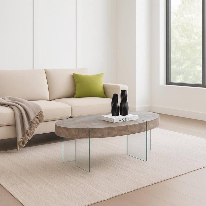 Strata Solis Coffee Table Round Stone Inspired Top Glass Legs Modern