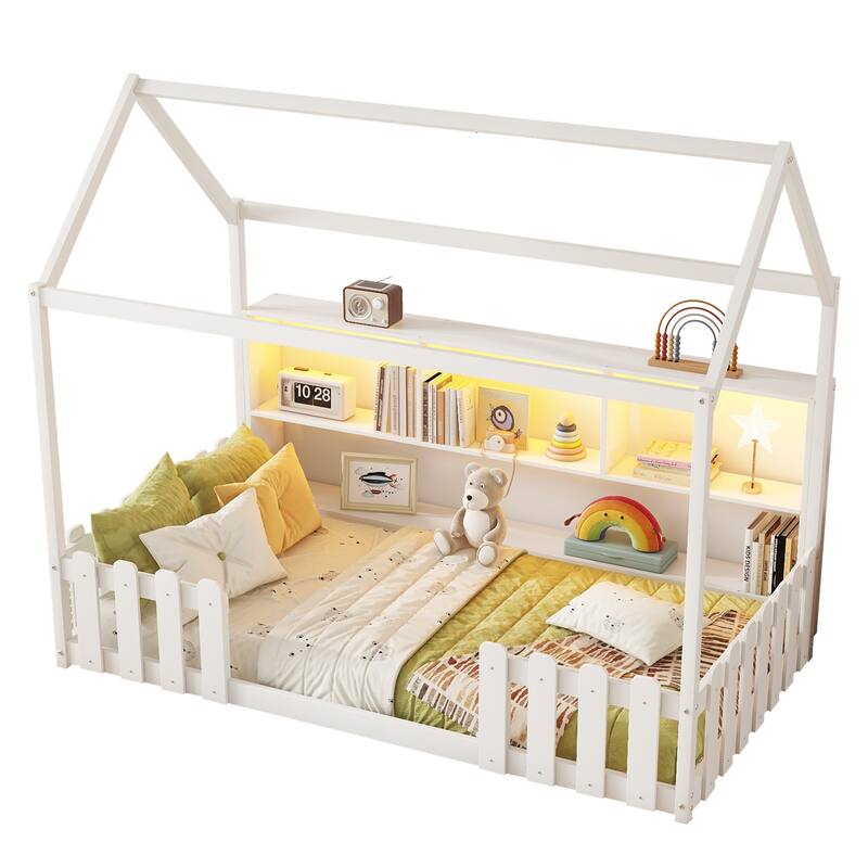 Twin Size House Bed with LED Light, Wood House Bed with Storage Bookshelf, Floor House Bed with Guardrails for Kid