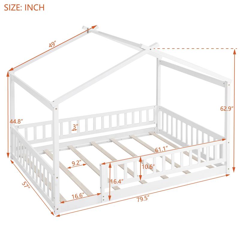 White Full Size Wood House Bed Frame with Roof and Fence, for Kids, Teens, Girls, Boys