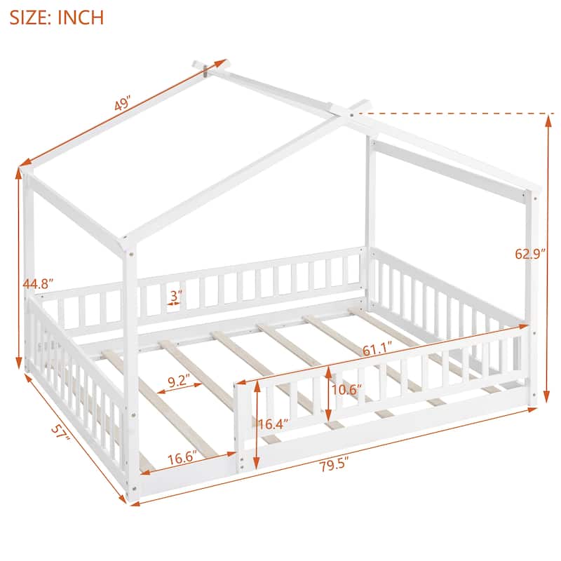 Wood Bed House Bed Frame with Fence, for Kids, Teens, Girls, Boys
