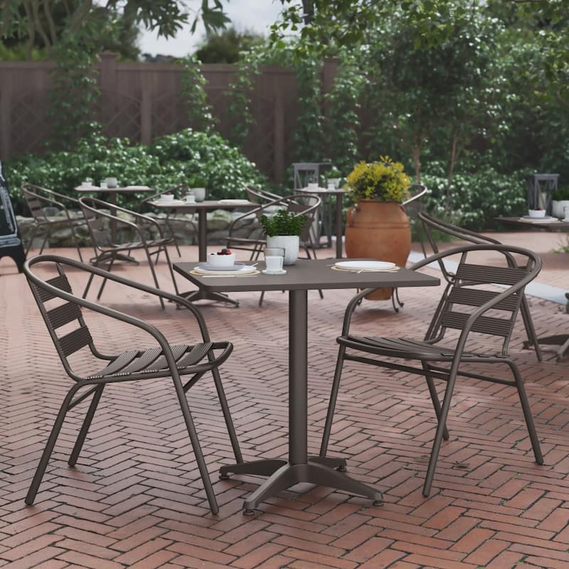 27.5" Square Aluminum Indoor-Outdoor Table Set with 2 Slat Back Chairs - Bronze
