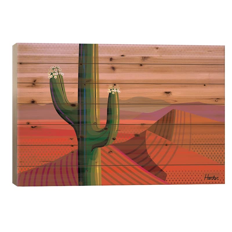 Saguaro Bloom Print On Wood by Charles Harker - Multi-Color - 26x40x1.5