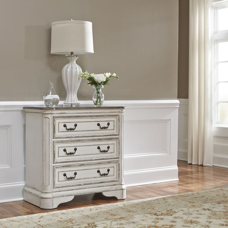 Magnolia Manor Antique White Weathered Bark 3 Drawer Bedside Chest Charging Station