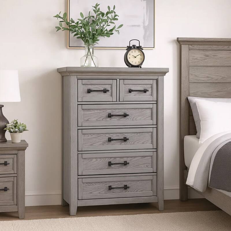 Bix Tall Dresser Chest, 6 Dovetail Drawers, Bronze Handles, Light Gray