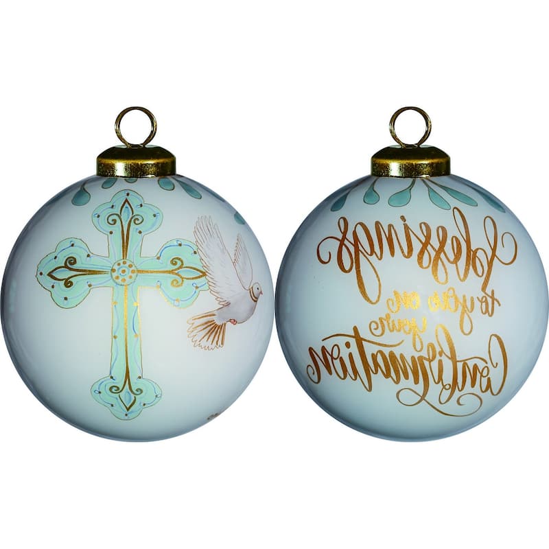 Gold Confirmation Hand Painted Mouth Blown Glass Ornament - 3" x 3" x 3"