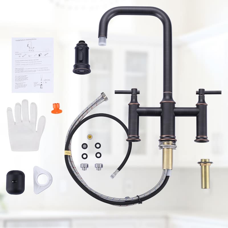 WOWOW Double Handle Bridge Kitchen Faucet with Advanced Spray