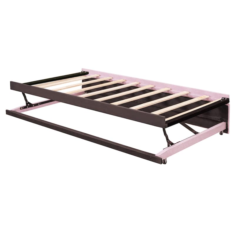 L-Shaped Daybed Twin To King Upholstered Daybed with Pop Up Trundle Linen & Wood Bed Frame for for Youth Teens or Adults