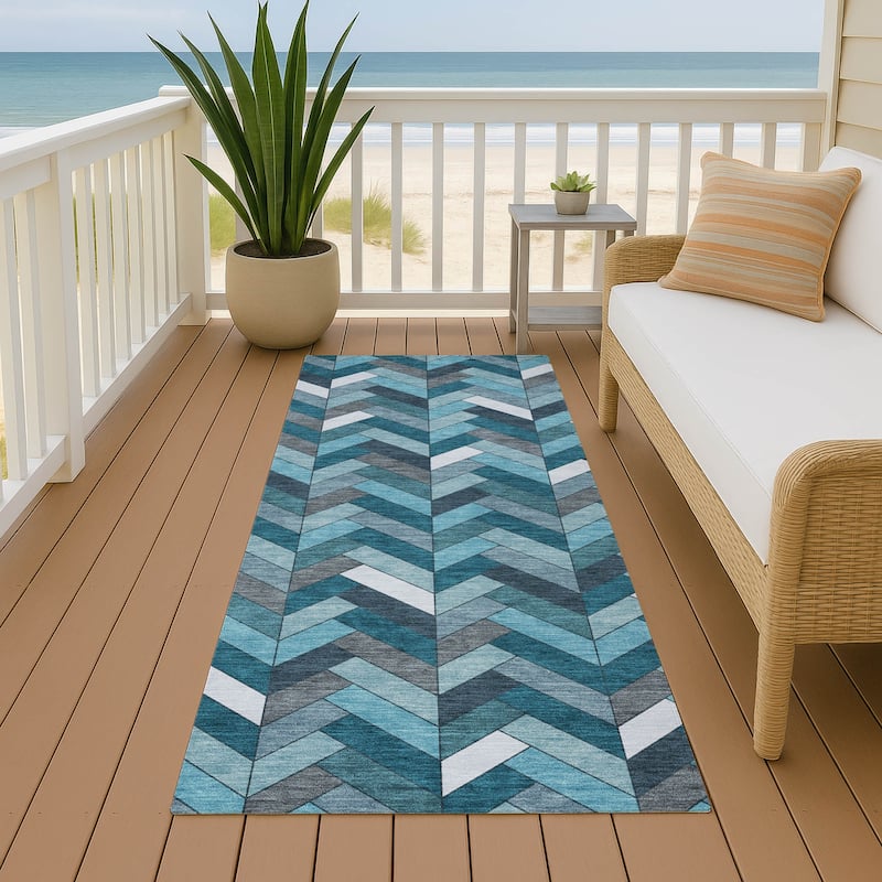 Machine Washable Indoor/ Outdoor Modern Chevron Chantille Rug - Teal - 2'3" x 7'6"