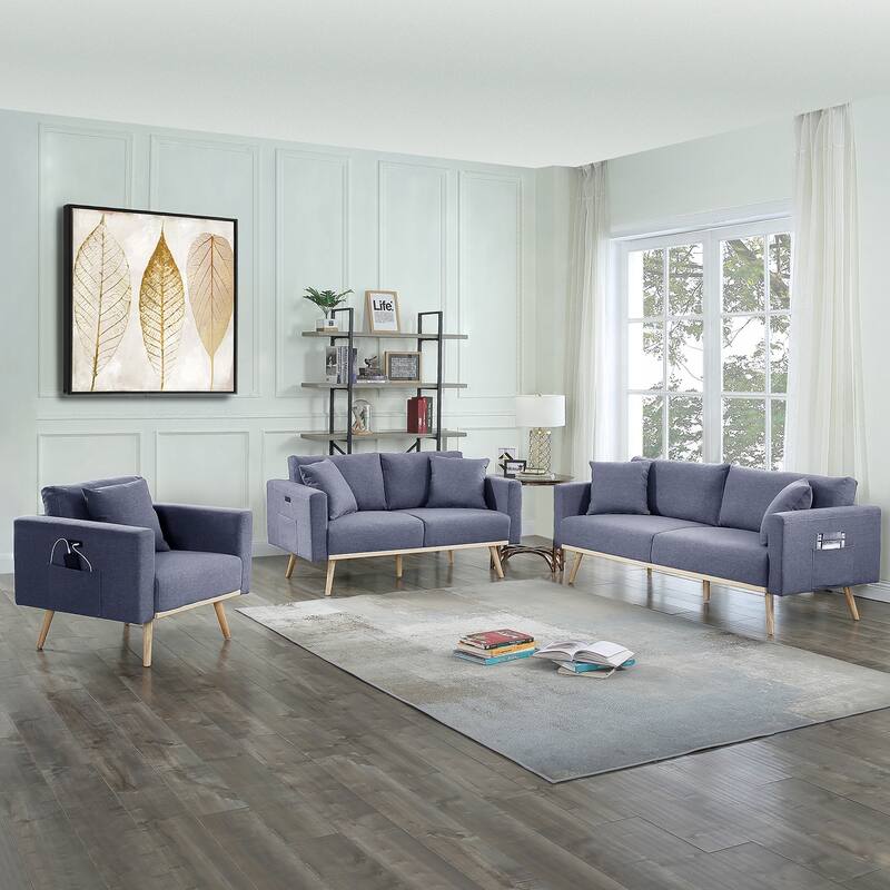 3 Piece Linen Fabric Living Room Set with USB Charging Ports and 5 Pillows
