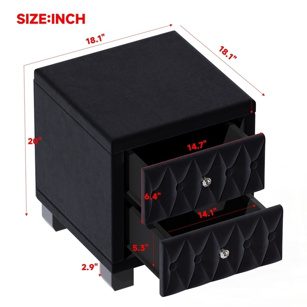 Elegant Velvet Nightstand with 2 Drawers and Crystal Handle