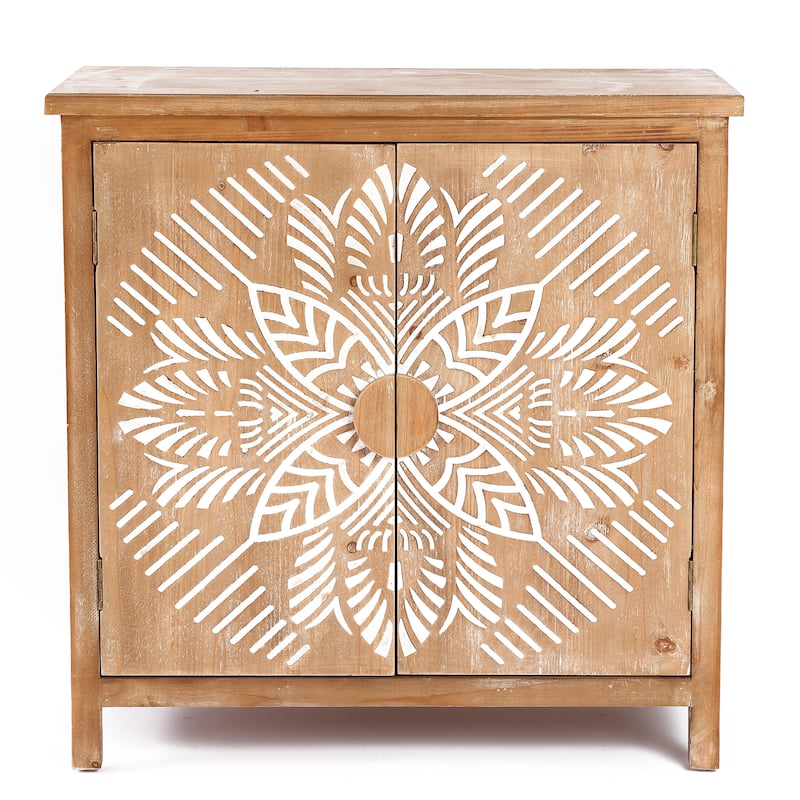 Natural Wood and White Floral 2-Door Storage Cabinet - 32.48" H x 31.5" W x 14.96" D