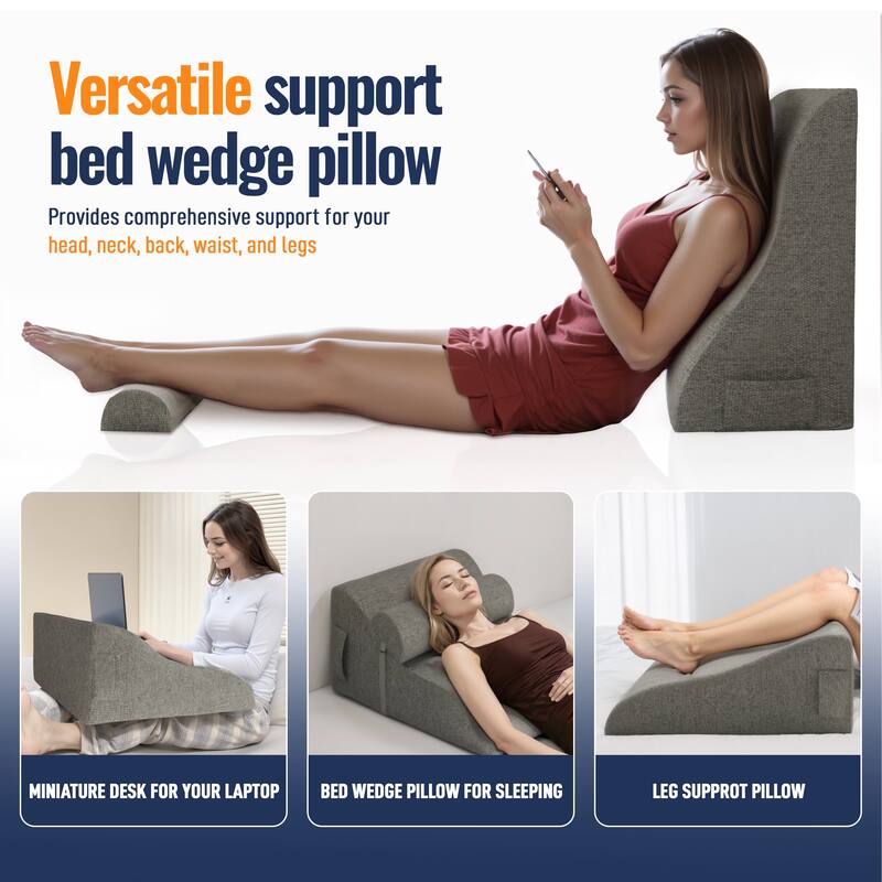 WOWMAX Bed Foam Wedge Reading Pillow Back Support with Adjustable Half Moon Neck Roll