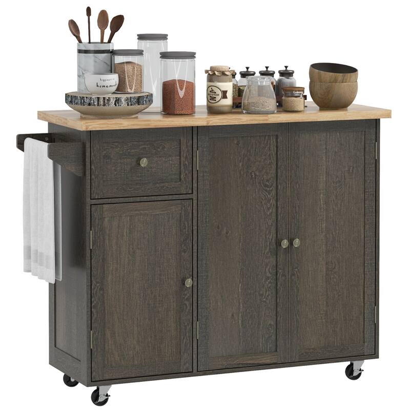 Triple-Cabinet Rolling Kitchen Island with Storage Shelf Adjustment